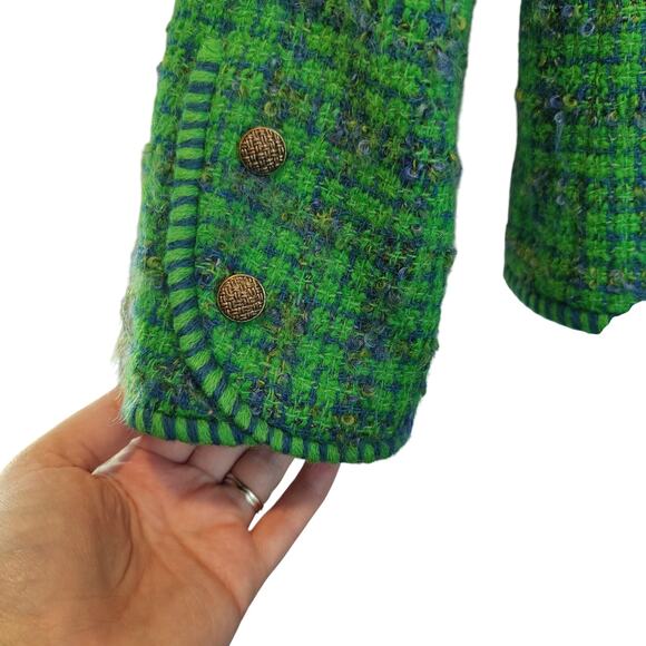 Vintage Women's Green Tweed Plaid Blazer Jacket Brass Buttons Collarless - Picture 5 of 9